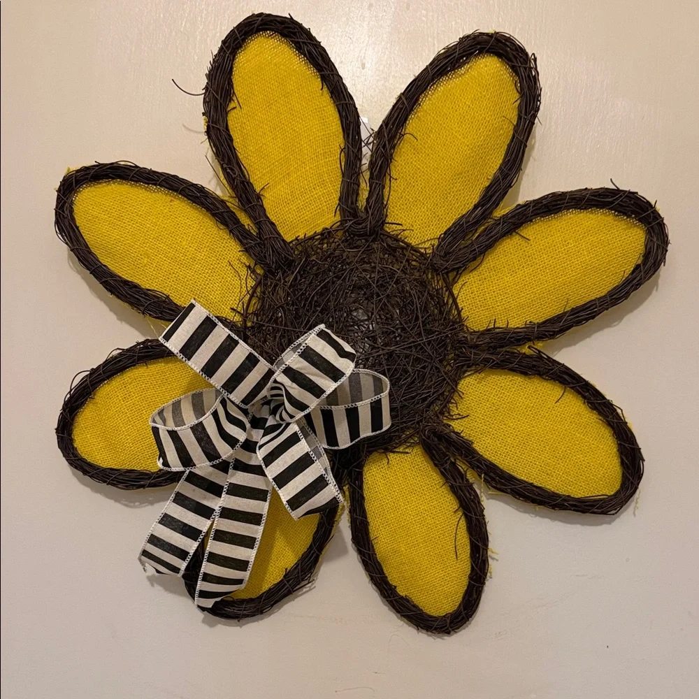 Sunflower Everyday Door Hanger with Yellow Petals and Striped Bow💕